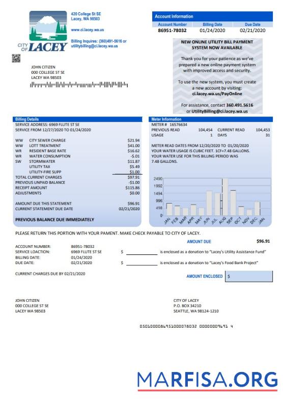 Printable USA Washington City of Lacey water utility bill template in Word and PDF format (proof of address)